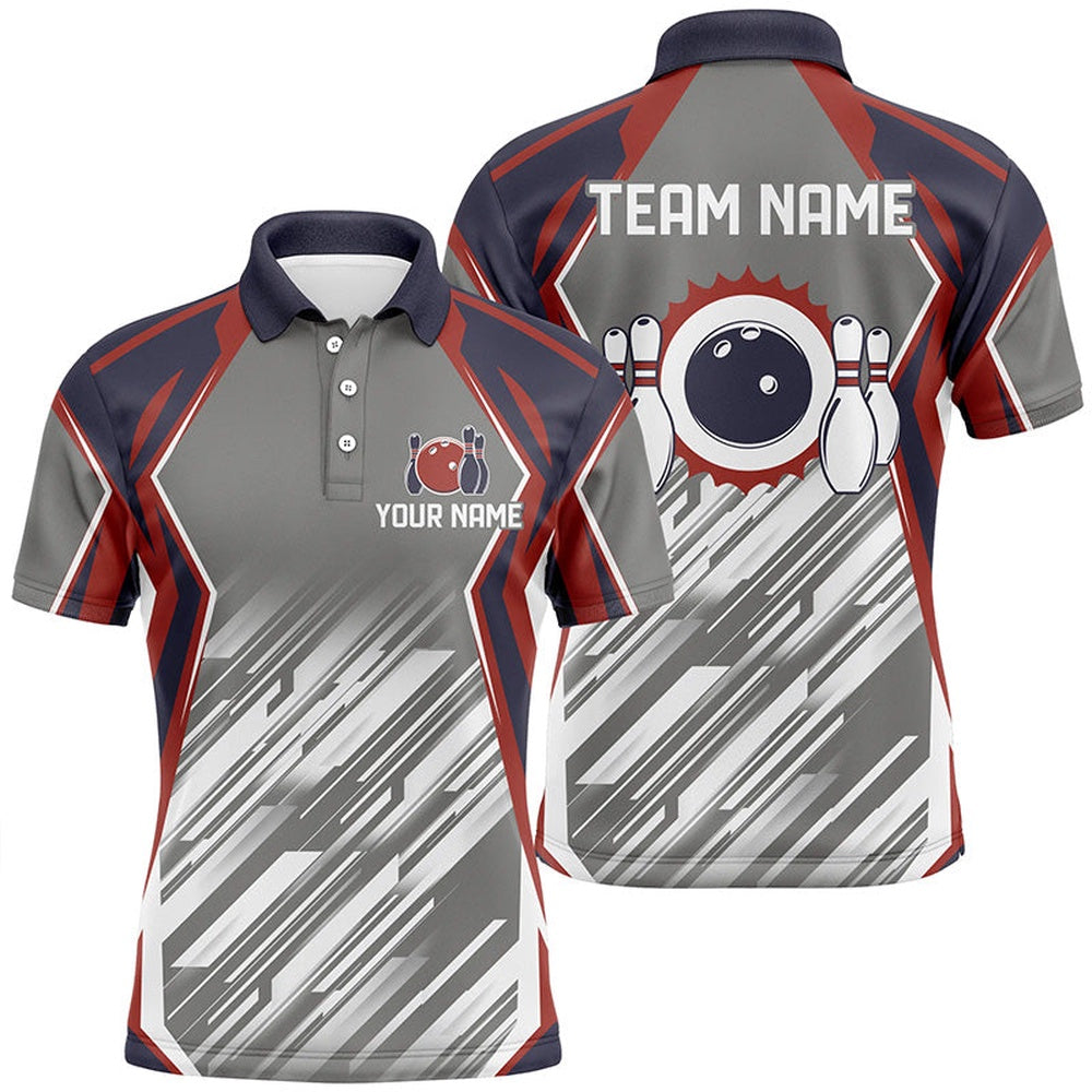 Custom Bowling Polo Shirts, Grey Abstract Pattern Retro Bowling Ball And Pins Custom Team Men Bowling Polo Shirts