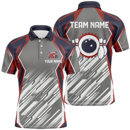 Custom Bowling Polo Shirts, Grey Abstract Pattern Retro Bowling Ball And Pins Custom Team Men Bowling Polo Shirts