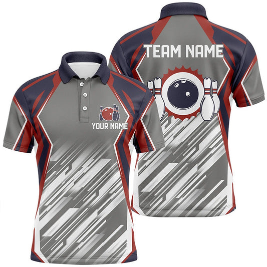 Custom Bowling Polo Shirts, Grey Abstract Pattern Retro Bowling Ball And Pins Custom Team Men Bowling Polo Shirts