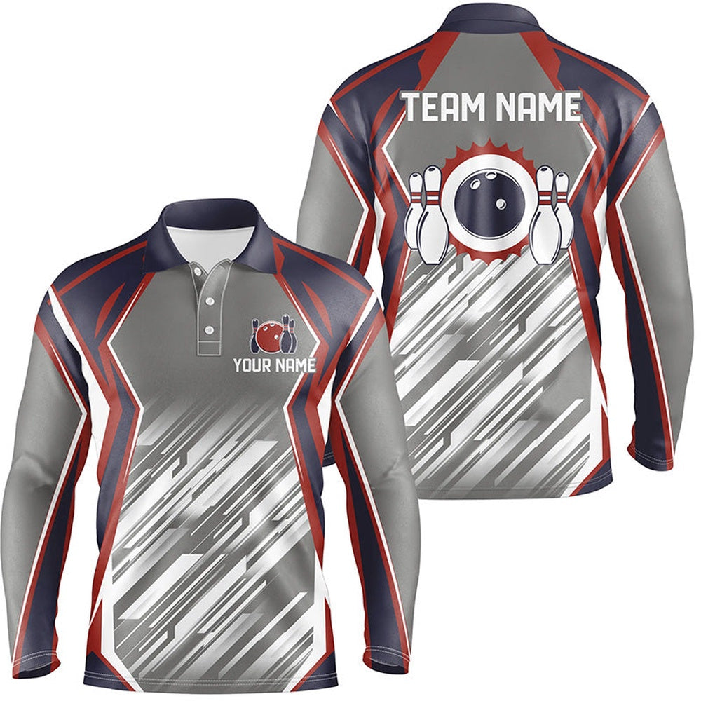 Custom Bowling Polo Shirts, Grey Abstract Pattern Retro Bowling Ball And Pins Custom Team Men Bowling Polo Shirts