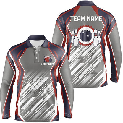 Custom Bowling Polo Shirts, Grey Abstract Pattern Retro Bowling Ball And Pins Custom Team Men Bowling Polo Shirts