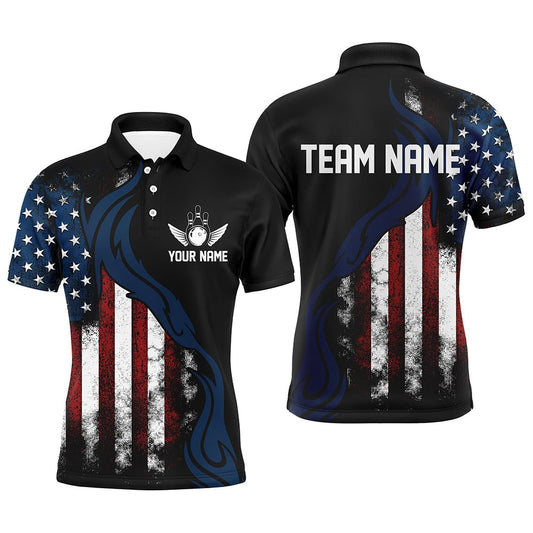 Custom Bowling Polo Shirts, Grunge American Flag Unisex Bowling Team Shirts Custom Patriotic Bowling Gifts For Bowlers Outfit