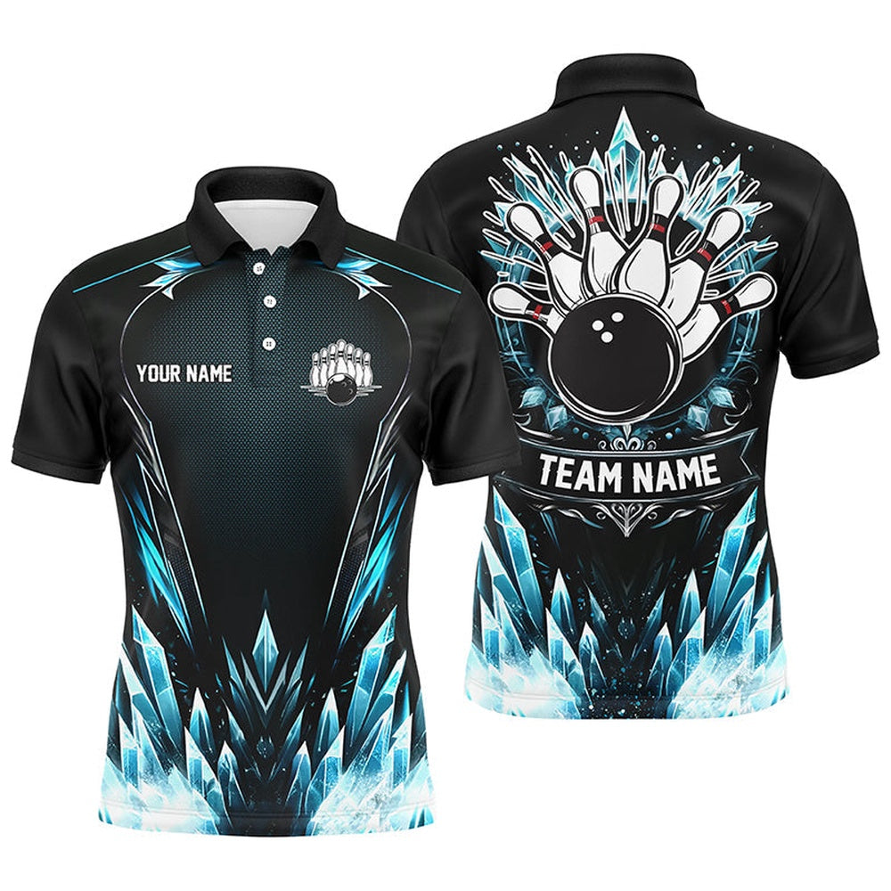 Custom Bowling Polo Shirts, Icy Blue Light Mens Polo Bowling Shirts Custom Black Team Bowling Jerseys For Men, Gifts For Bowlers