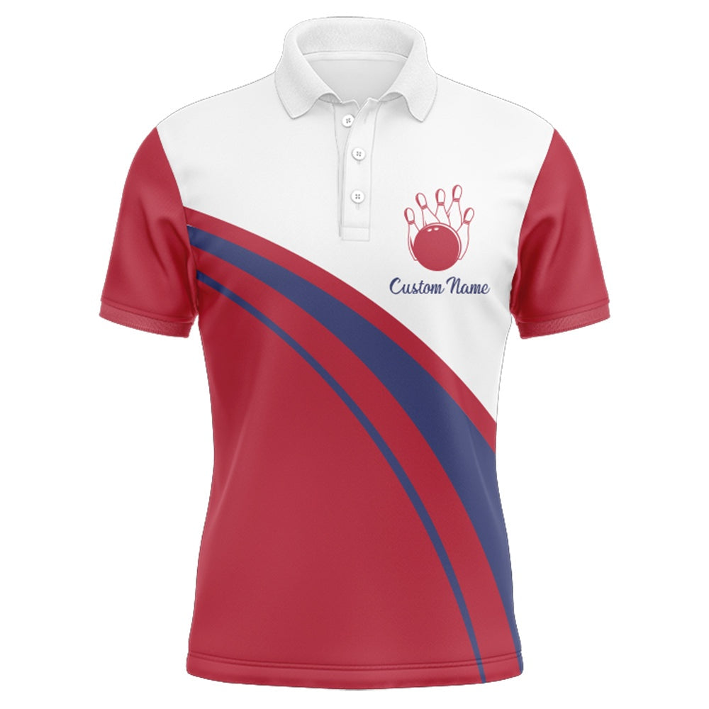 Custom Bowling Polo Shirts, Left Handed Bowler Custom Polo Bowling Shirt For Men, Red & White Bowling Jersey