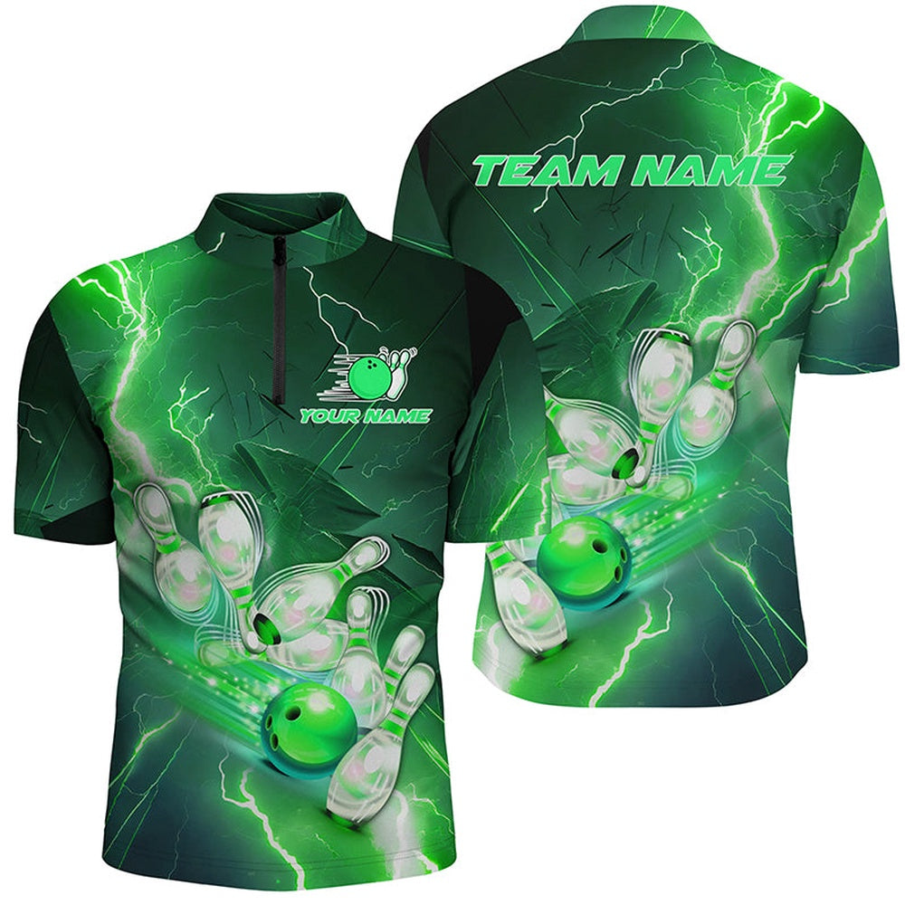 Custom Bowling Polo Shirts, Lightning Strike Custom Green Bowling Polo Shirts, Bowling Team Jerseys For Men