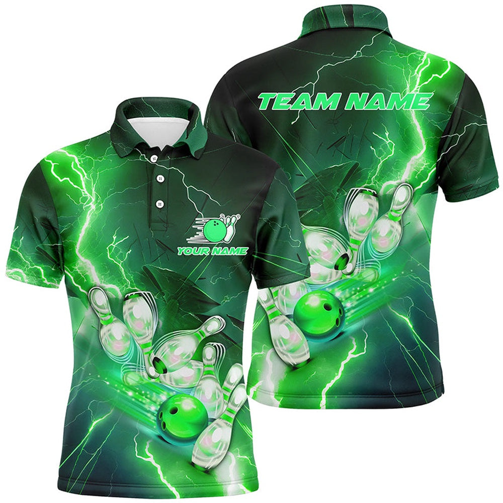 Custom Bowling Polo Shirts, Lightning Strike Custom Green Bowling Polo Shirts, Bowling Team Jerseys For Men