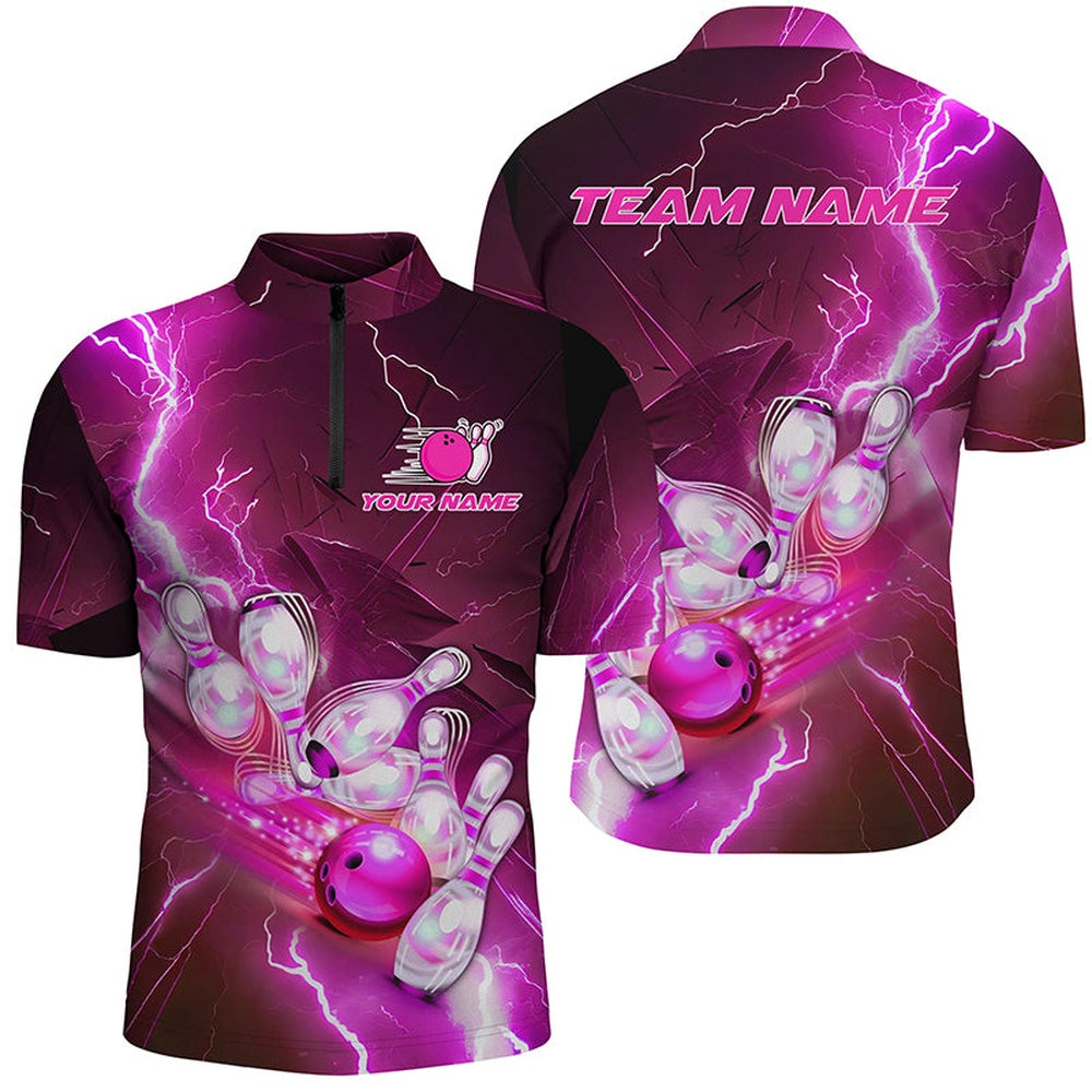Custom Bowling Polo Shirts, Lightning Strike Custom Pink Bowling Polo Shirts, Bowling Team Jerseys For Men