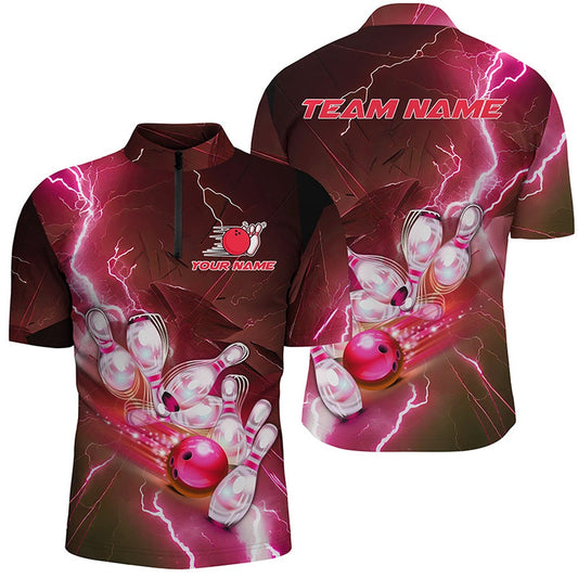 Custom Bowling Polo Shirts, Lightning Strike Custom Red Bowling Polo Shirts, Bowling Team Jerseys For Men