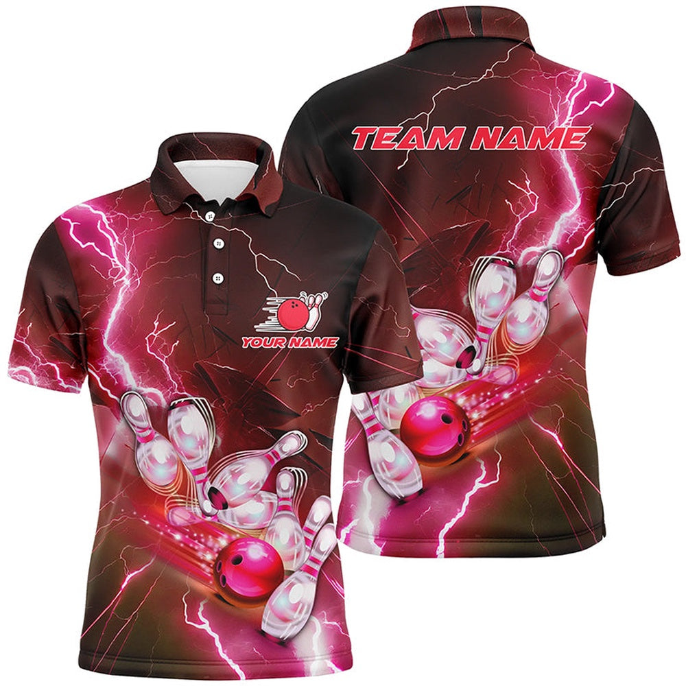 Custom Bowling Polo Shirts, Lightning Strike Custom Red Bowling Polo Shirts, Bowling Team Jerseys For Men