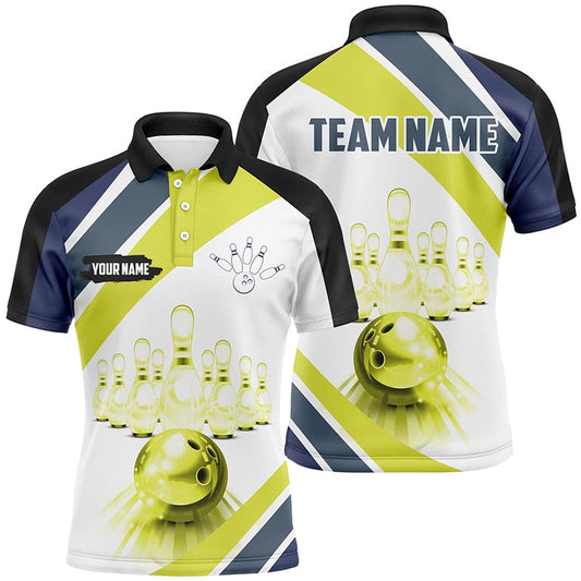 Custom Bowling Polo Shirts, Lime Green Light Bowling Polo Shirt For Men Custom Bowling Ball And Pins Team League Jerseys