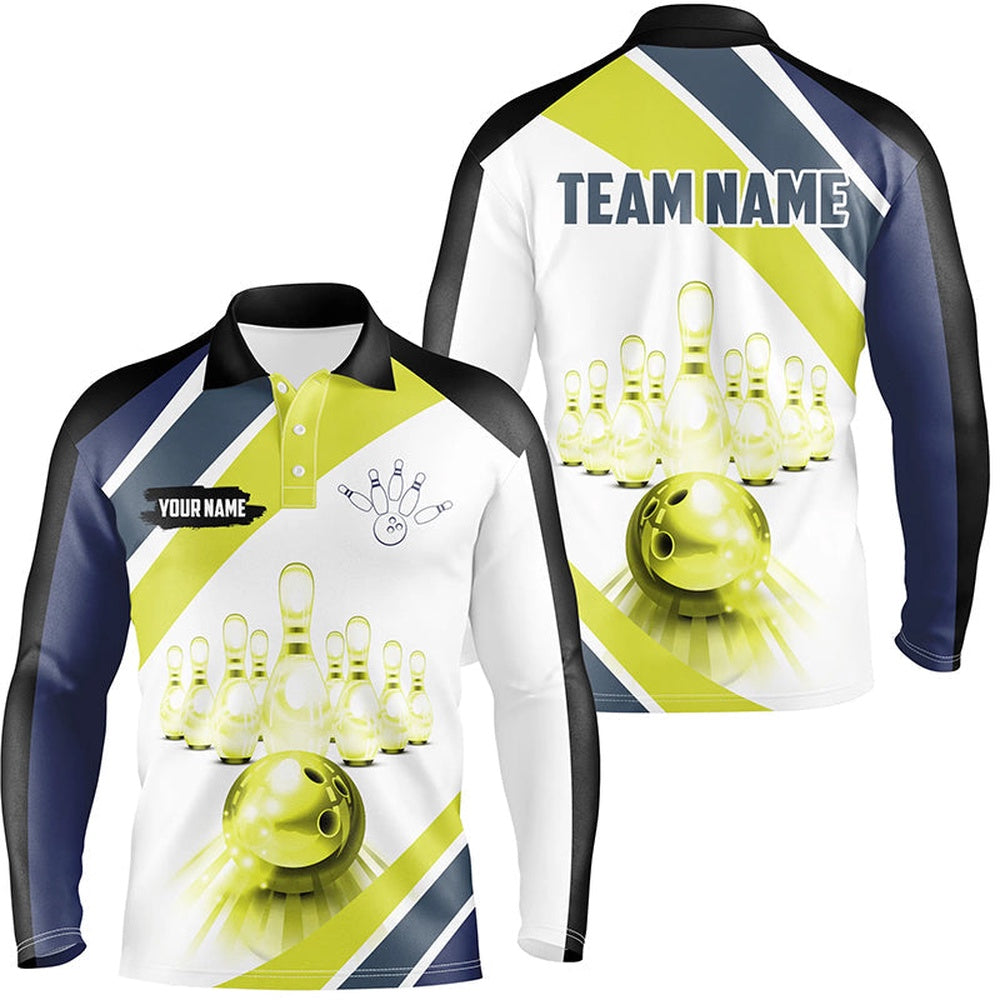 Custom Bowling Polo Shirts, Lime Green Light Bowling Polo Shirt For Men Custom Bowling Ball And Pins Team League Jerseys