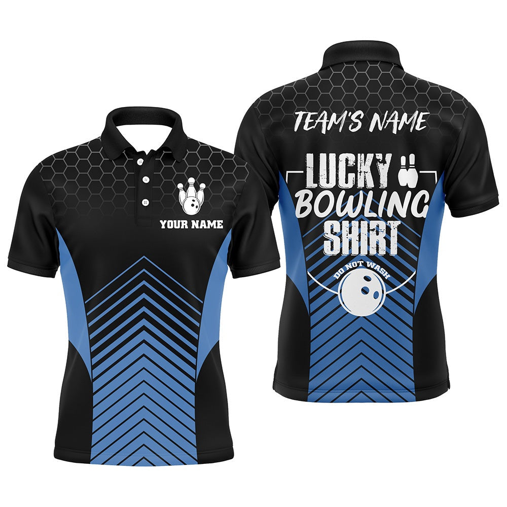 Custom Bowling Polo Shirts, Lucky Bowling Shirt, Funny Blue Polo Bowling Shirt For Men, Custom Team'S Name Bowler Jersey