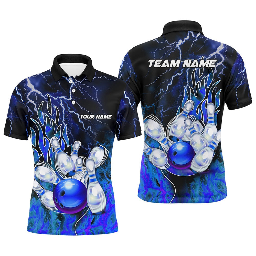 Custom Bowling Polo Shirts, Men Bowling Polo Shirt Custom Blue Lightning Thunder Bowling Team Jersey, Gift For Team Bowlers