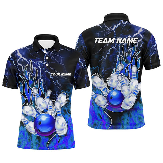 Custom Bowling Polo Shirts, Men Bowling Polo Shirt Custom Blue Lightning Thunder Bowling Team Jersey, Gift For Team Bowlers