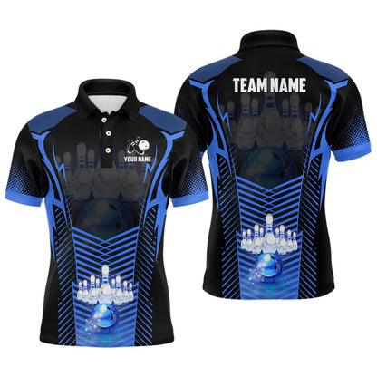 Custom Bowling Polo Shirts, Men Bowling Polo Shirt Custom Bowling Ball And Pins Team League Jerseys, Gifts For Bowlers Blue