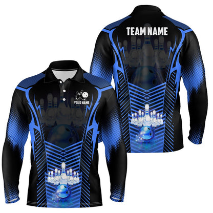 Custom Bowling Polo Shirts, Men Bowling Polo Shirt Custom Bowling Ball And Pins Team League Jerseys, Gifts For Bowlers Blue