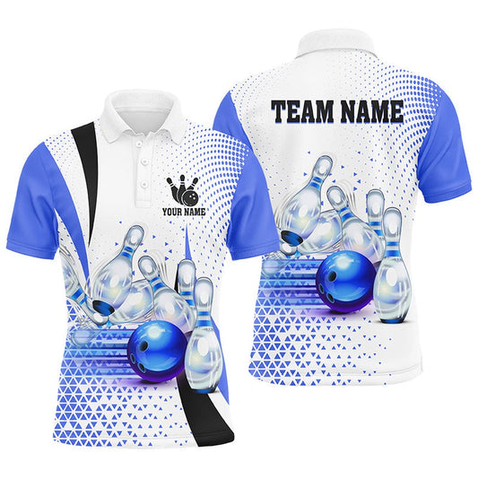 Custom Bowling Polo Shirts, Men Bowling Polo Shirt Custom Bowling Ball Pins Bowling Team Shirts, Gifts For Bowlers Blue