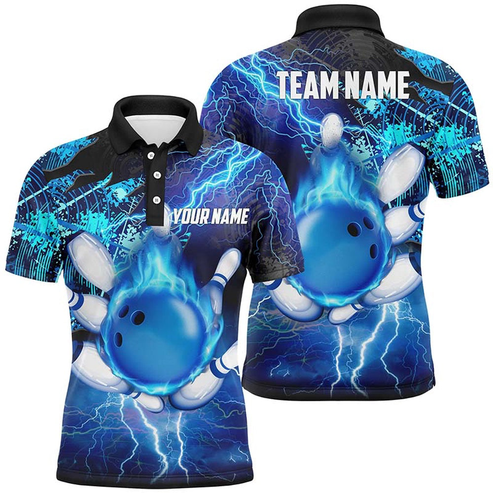 Custom Bowling Polo Shirts, Men Bowling Polo Shirt Custom Flame Lightning Thunder Team Bowling Jerseys For Ladies Blue