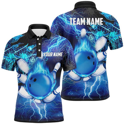 Custom Bowling Polo Shirts, Men Bowling Polo Shirt Custom Flame Lightning Thunder Team Bowling Jerseys For Ladies Blue