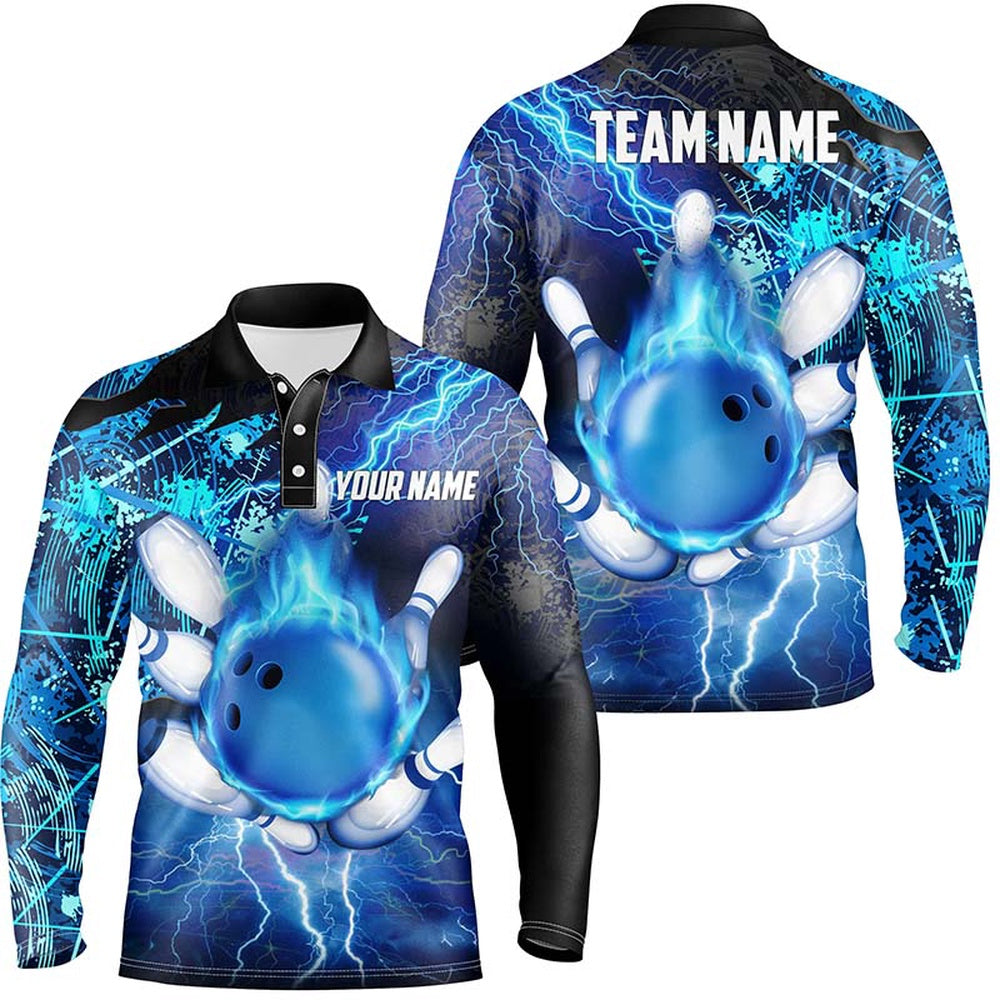 Custom Bowling Polo Shirts, Men Bowling Polo Shirt Custom Flame Lightning Thunder Team Bowling Jerseys For Ladies Blue
