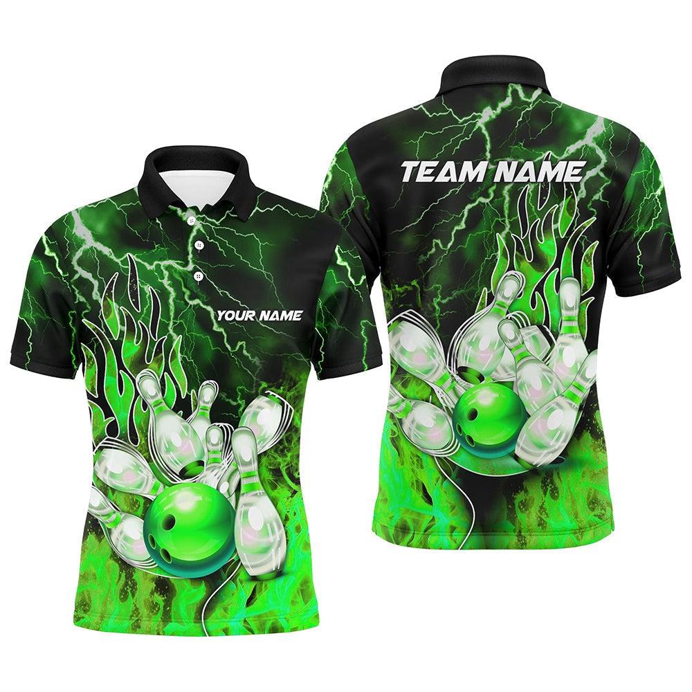 Custom Bowling Polo Shirts, Men Bowling Polo Shirt Custom Green Lightning Thunder Bowling Team Jersey, Gift For Team Bowlers