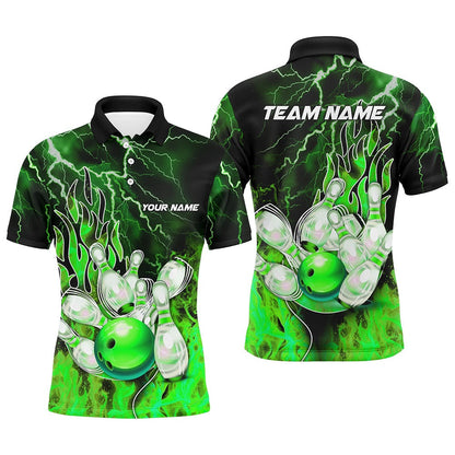Custom Bowling Polo Shirts, Men Bowling Polo Shirt Custom Green Lightning Thunder Bowling Team Jersey, Gift For Team Bowlers