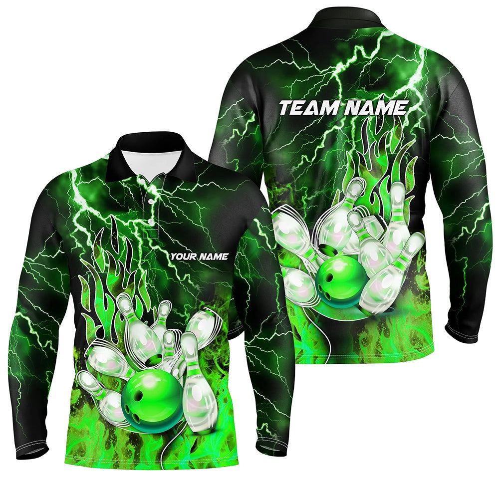 Custom Bowling Polo Shirts, Men Bowling Polo Shirt Custom Green Lightning Thunder Bowling Team Jersey, Gift For Team Bowlers