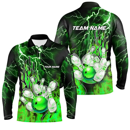 Custom Bowling Polo Shirts, Men Bowling Polo Shirt Custom Green Lightning Thunder Bowling Team Jersey, Gift For Team Bowlers