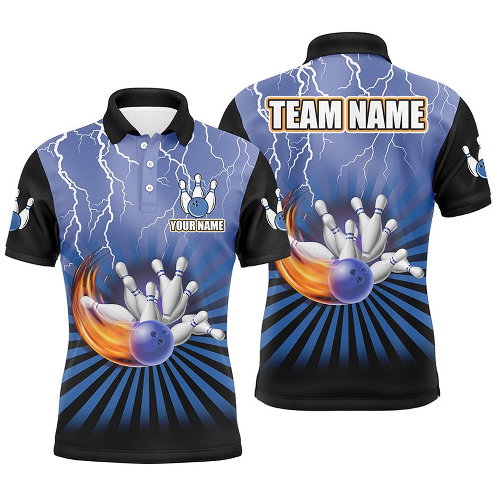 Custom Bowling Polo Shirts, Men Bowling Polo Shirt Custom Lightning Storm Vintage Bowling Team Jersey, Gift For Bowlers Blue
