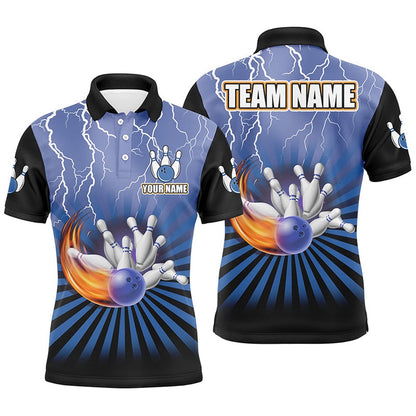 Custom Bowling Polo Shirts, Men Bowling Polo Shirt Custom Lightning Storm Vintage Bowling Team Jersey, Gift For Bowlers Blue