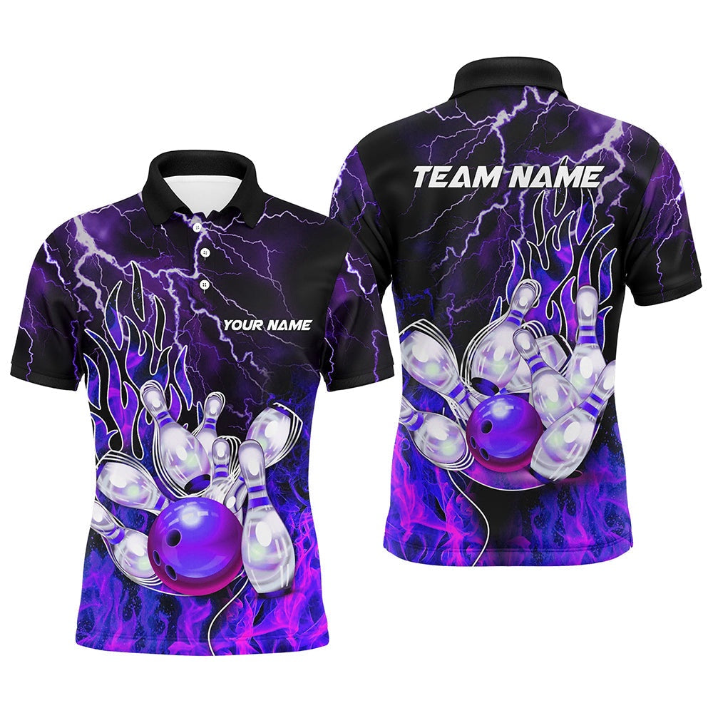 Custom Bowling Polo Shirts, Men Bowling Polo Shirt Custom Purple Lightning Thunder Bowling Team Jersey, Gift For Team Bowlers