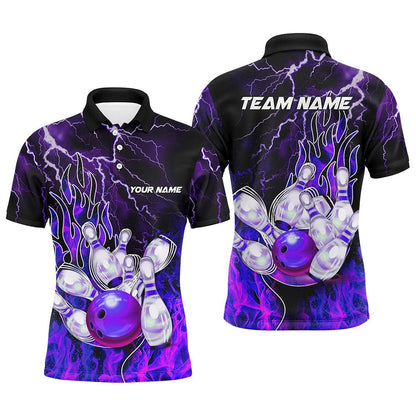 Custom Bowling Polo Shirts, Men Bowling Polo Shirt Custom Purple Lightning Thunder Bowling Team Jersey, Gift For Team Bowlers
