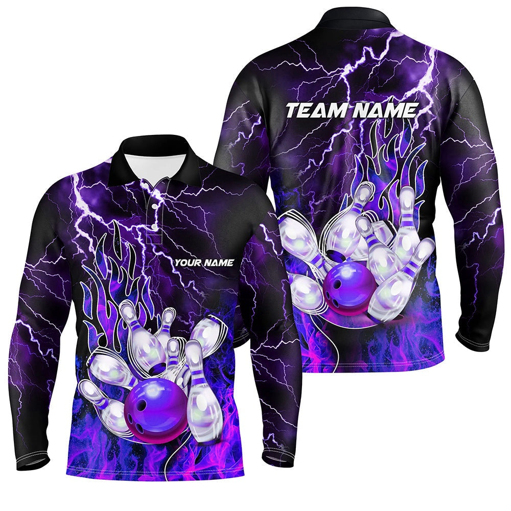 Custom Bowling Polo Shirts, Men Bowling Polo Shirt Custom Purple Lightning Thunder Bowling Team Jersey, Gift For Team Bowlers