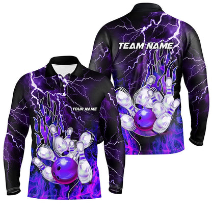 Custom Bowling Polo Shirts, Men Bowling Polo Shirt Custom Purple Lightning Thunder Bowling Team Jersey, Gift For Team Bowlers