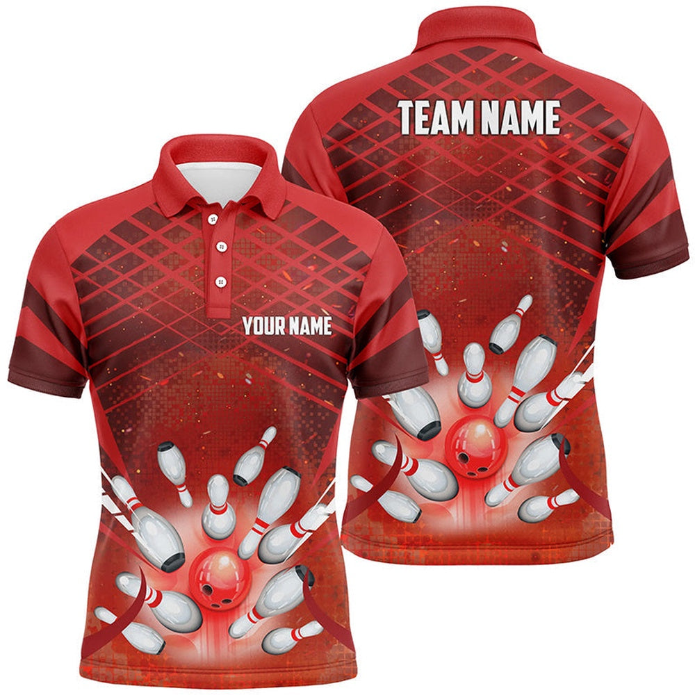 Custom Bowling Polo Shirts, Men Bowling Polo Shirt Custom Red Light Bowling Ball And Pins Team Bowling Jersey, Gift For Bowlers