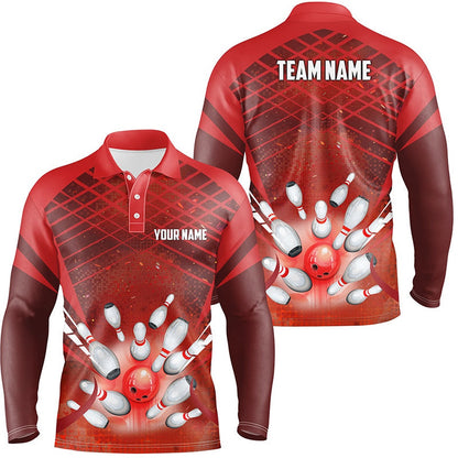 Custom Bowling Polo Shirts, Men Bowling Polo Shirt Custom Red Light Bowling Ball And Pins Team Bowling Jersey, Gift For Bowlers