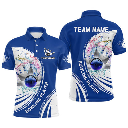 Custom Bowling Polo Shirts, Men Bowling Polo Shirt Custom Water Bowling Ball Pins Bowling Team Jersey, Gift For Bowlers Blue