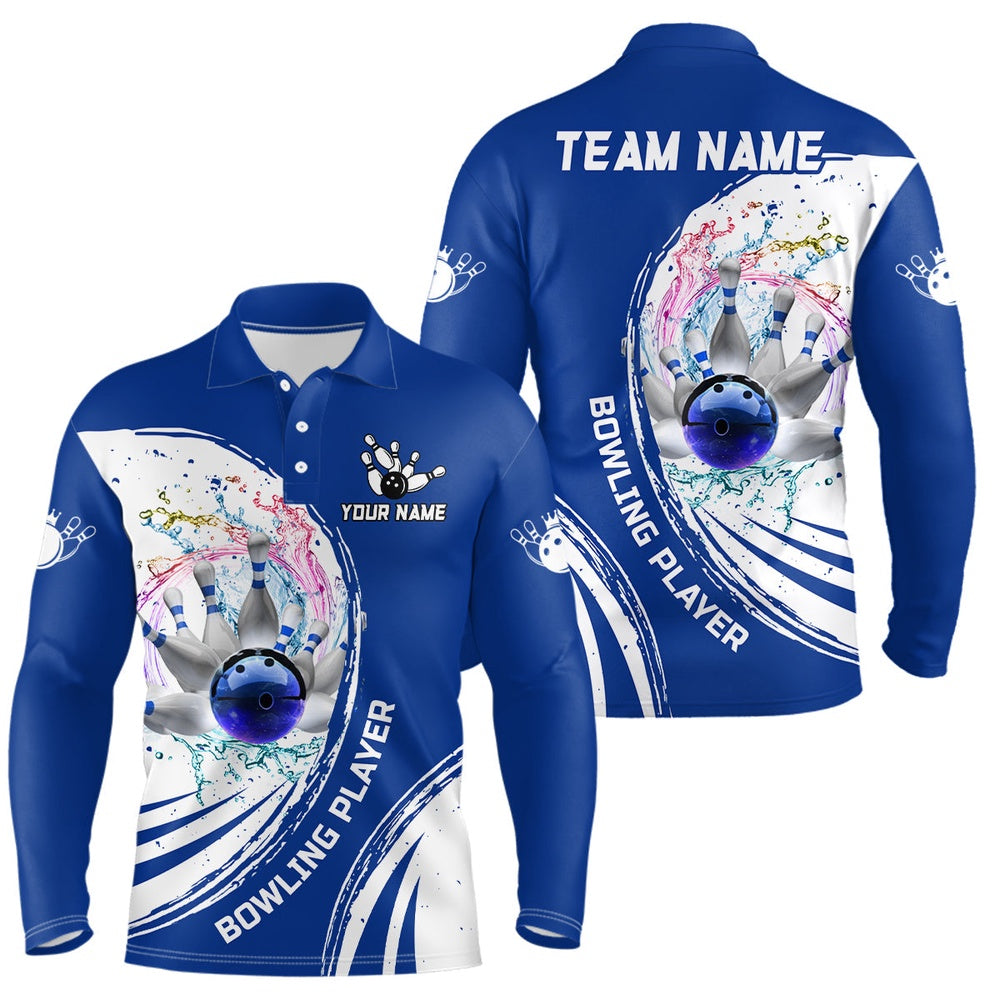 Custom Bowling Polo Shirts, Men Bowling Polo Shirt Custom Water Bowling Ball Pins Bowling Team Jersey, Gift For Bowlers Blue