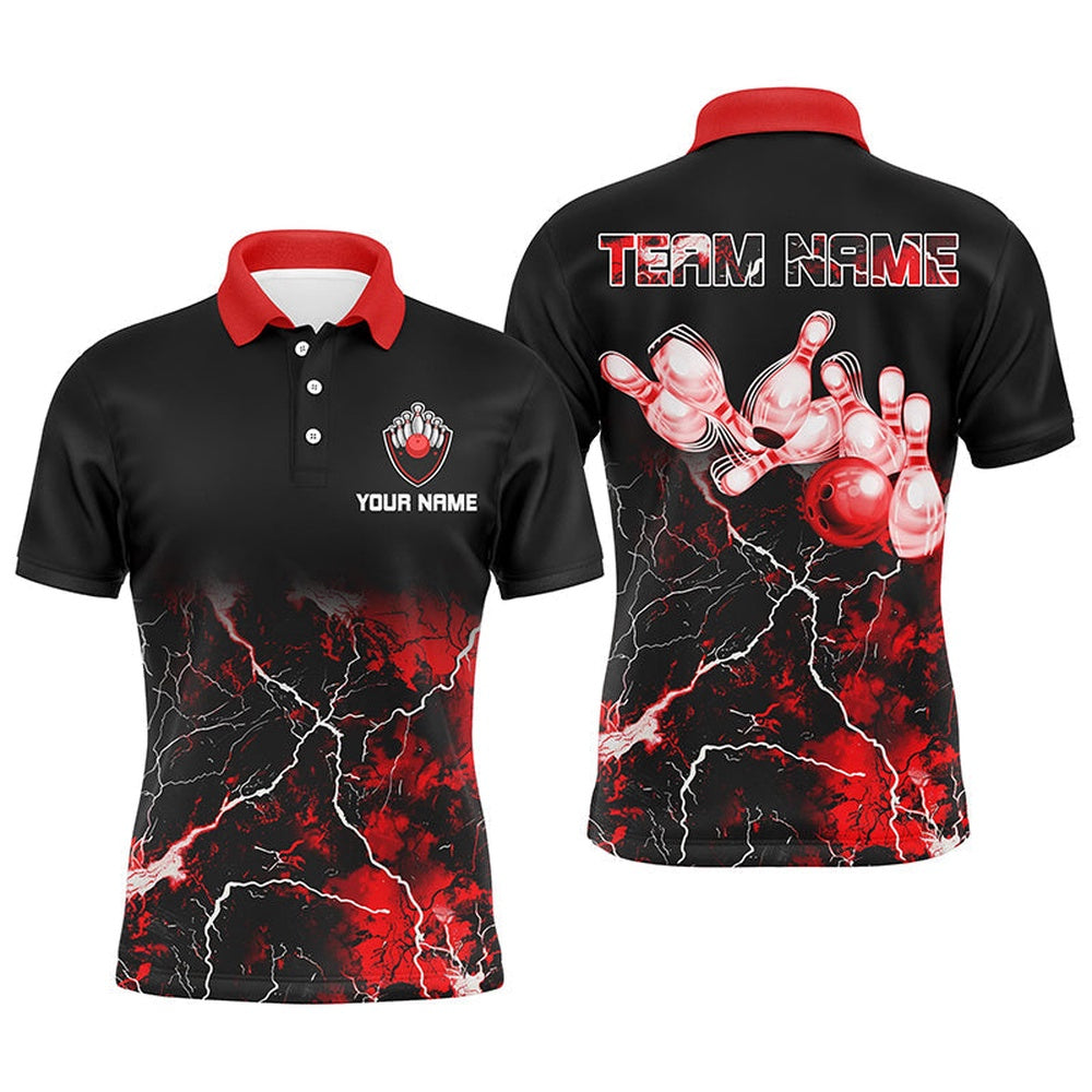 Custom Bowling Polo Shirts, Men Bowling Polo Shirt Red Lightning Thunder Custom Bowling Ball Pins Bowling Jerseys For Bowler