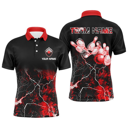 Custom Bowling Polo Shirts, Men Bowling Polo Shirt Red Lightning Thunder Custom Bowling Ball Pins Bowling Jerseys For Bowler