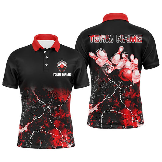 Custom Bowling Polo Shirts, Men Bowling Polo Shirt Red Lightning Thunder Custom Bowling Ball Pins Bowling Jerseys For Bowler