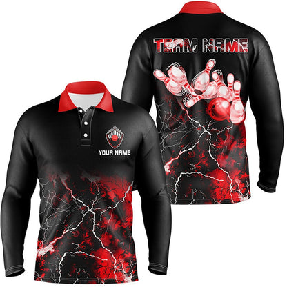 Custom Bowling Polo Shirts, Men Bowling Polo Shirt Red Lightning Thunder Custom Bowling Ball Pins Bowling Jerseys For Bowler