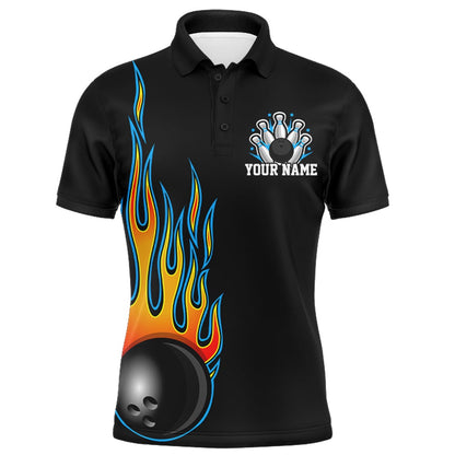 Custom Bowling Polo Shirts, Men Flame Bowling Shirt Personalized Name Bowling Polo Short Sleeve Men Bowler Jersey