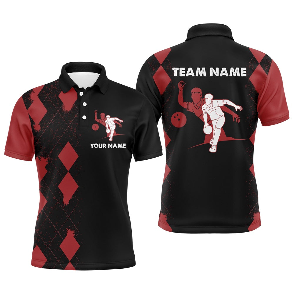 Custom Bowling Polo Shirts, Men Polo Bowling Shirt Personalized Name, Red&Black Bowler Team Jersey For Bowling Lovers