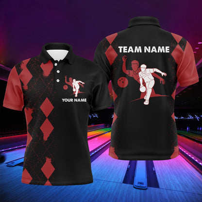 Custom Bowling Polo Shirts, Men Polo Bowling Shirt Personalized Name, Red&Black Bowler Team Jersey For Bowling Lovers
