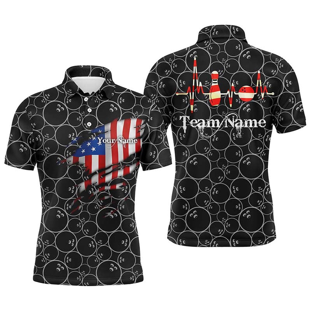 Custom Bowling Polo Shirts, Men Polo Shirt Black Bowling Ball Customize Ameircan Flag Bowling Shirts For Men, Polo Bowling Shirt