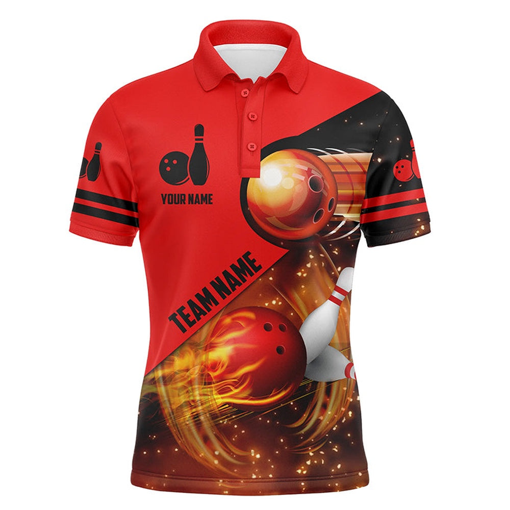 Custom Bowling Polo Shirts, Men Polo Shirt Custom Red Flame Bowling Shirts For Men, Bowling Team Polo Shirts Flaming Bowling Ball