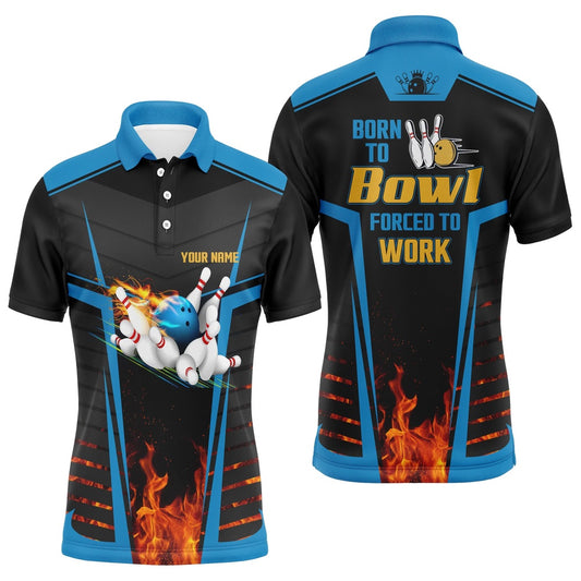 Custom Bowling Polo Shirts, Men'S Bowling Polo Shirts Custom Name Born To Bowl Forced To Work, Flame Bowlers Jersey Blue