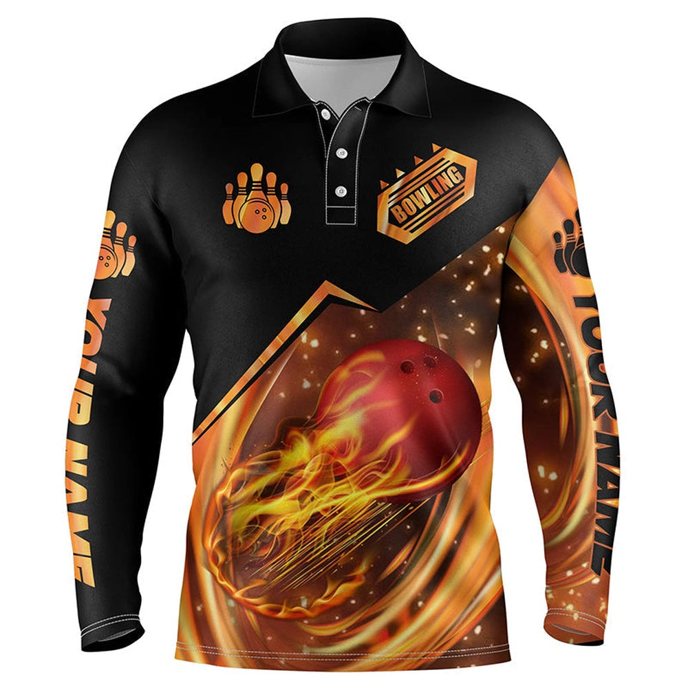 Custom Bowling Polo Shirts, Men'S Bowling Shirt Custom Name Flame Bowling Shirt, Personalized Bowling Team Shirts Bowling Jerseys