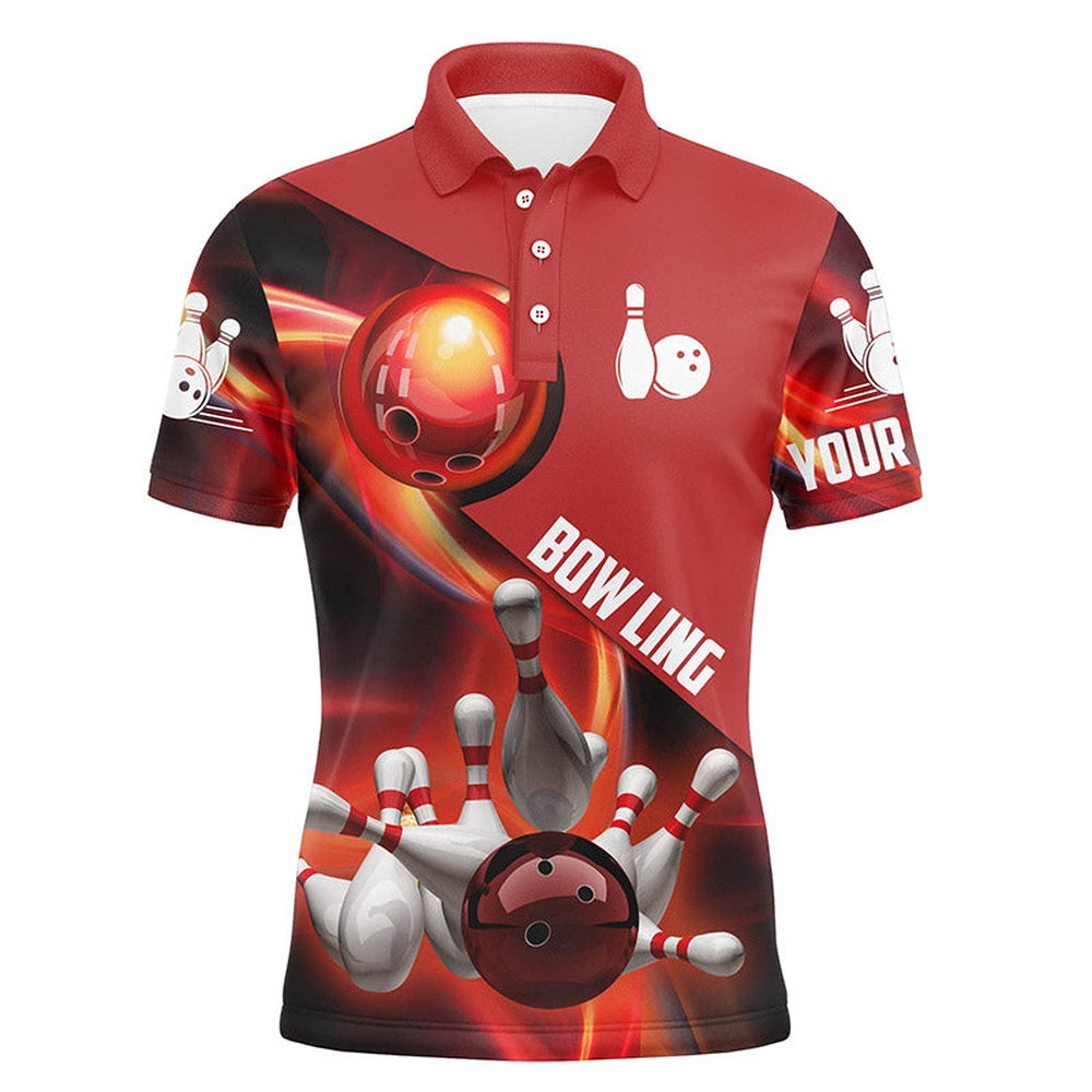 Custom Bowling Polo Shirts, Men'S Bowling Shirt Custom Name Red Flame Bowling Shirt, Personalized Bowling Jerseys